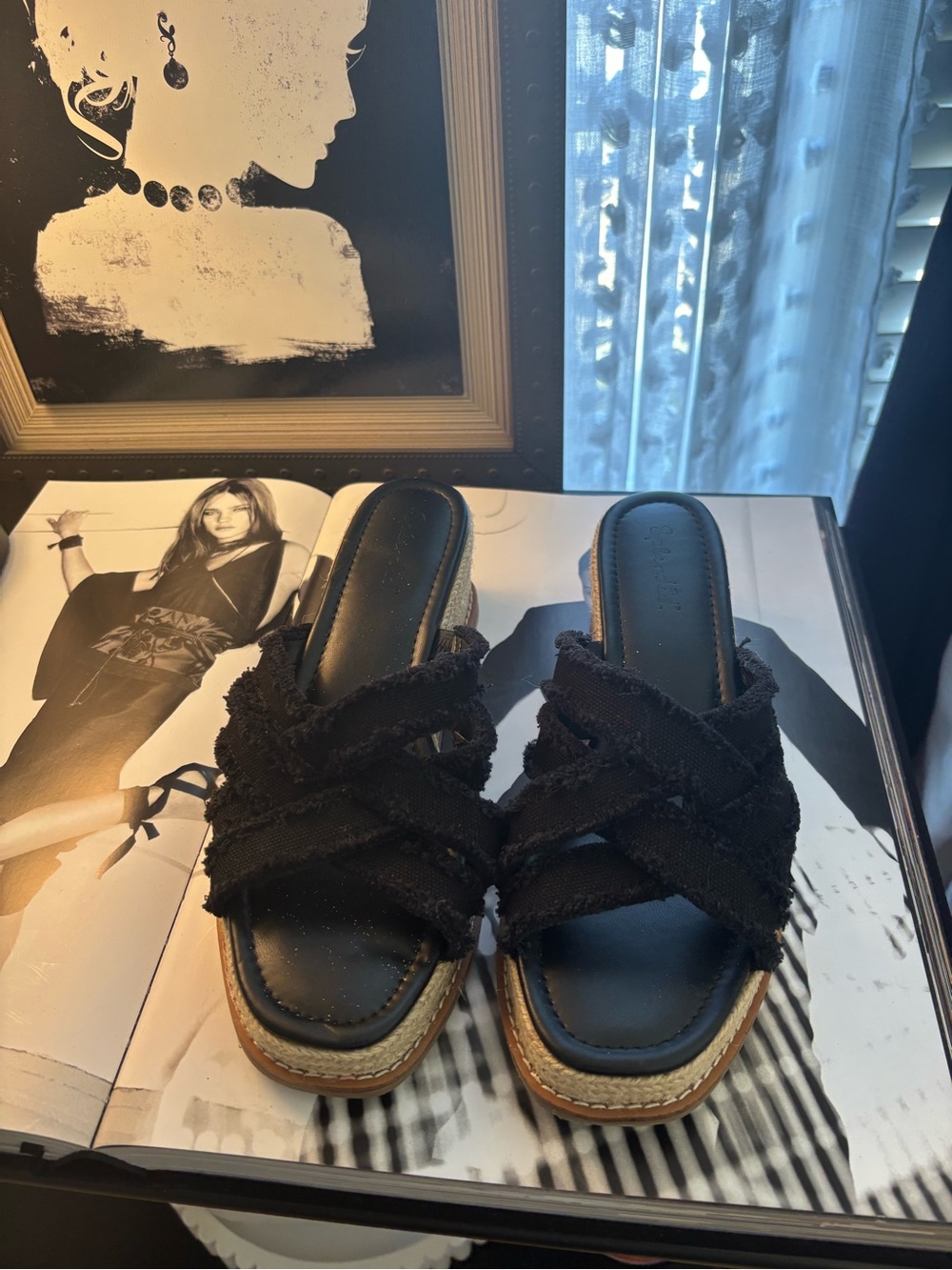Splendid Black Braided Fabric Slide Mules with Espadrille Platform